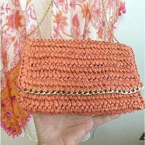 🍊Peach wicker/straw clutch bag with optional gold chain